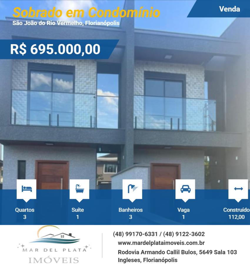 Sobrado em Condomínio para Venda, em Florianópolis, bairro São João do Rio Vermelho, 3 dormitórios, 3 banheiros, 1 suíte, 1 vaga