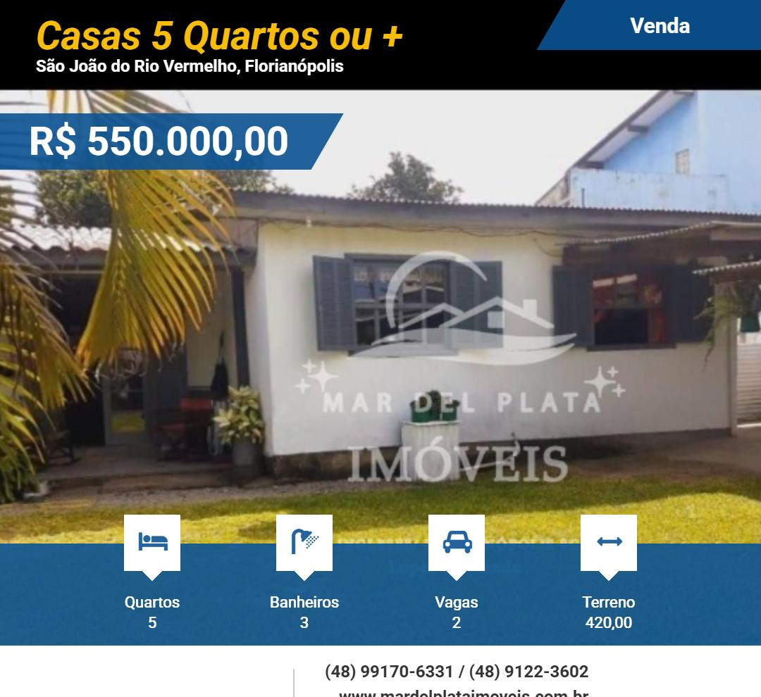 Casas 5 Quartos ou + para Venda, em Florianópolis, bairro São João do Rio Vermelho, 5 dormitórios, 3 banheiros, 2 vagas