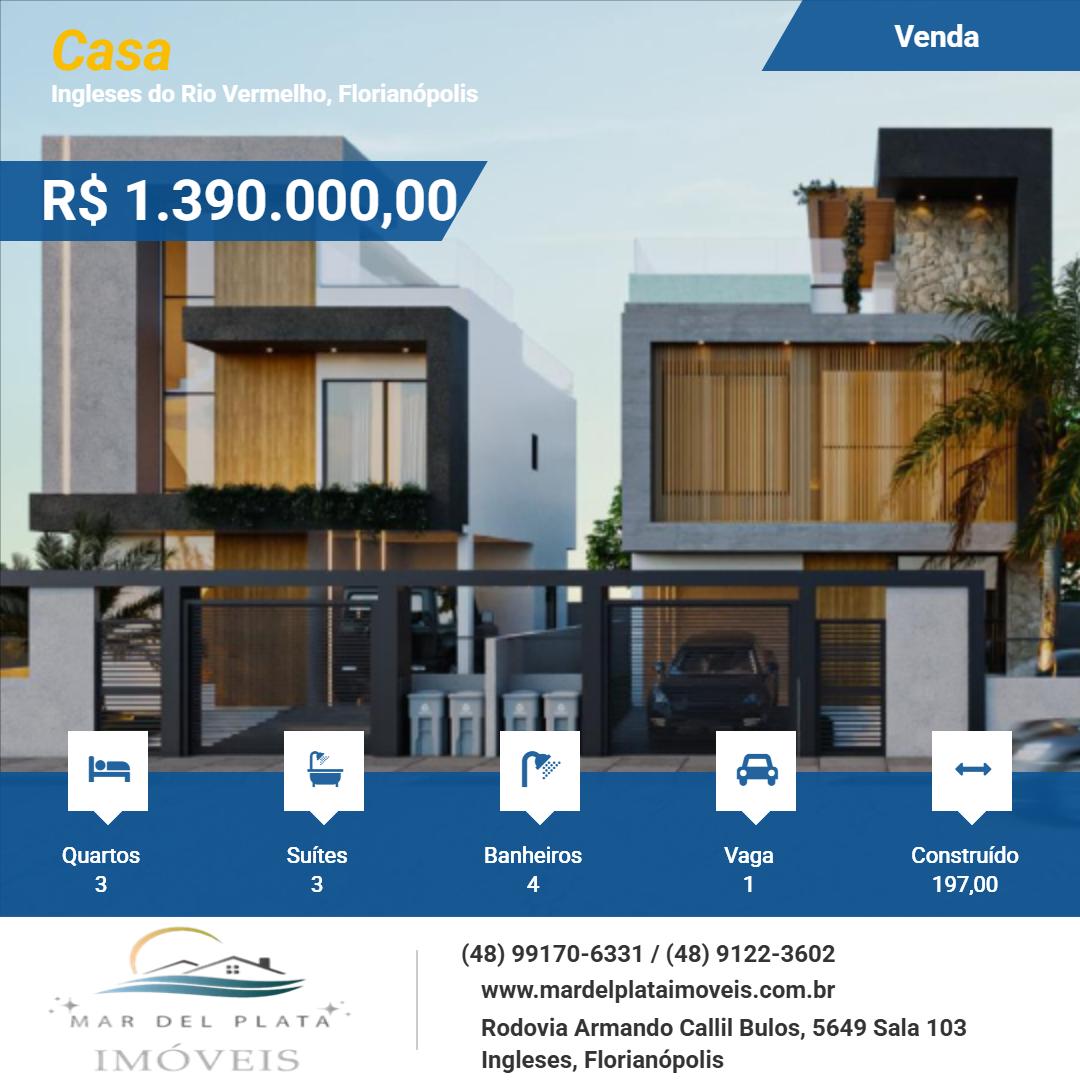 Casa para Venda, em Florianópolis, bairro Ingleses do Rio Vermelho, 3 dormitórios, 4 banheiros, 3 suítes, 1 vaga