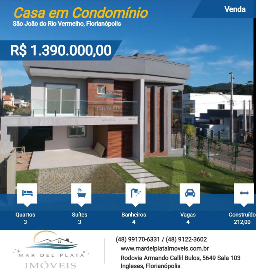 Casa em Condomínio para Venda, em Florianópolis, bairro São João do Rio Vermelho, 3 dormitórios, 4 banheiros, 3 suítes, 4 vagas
