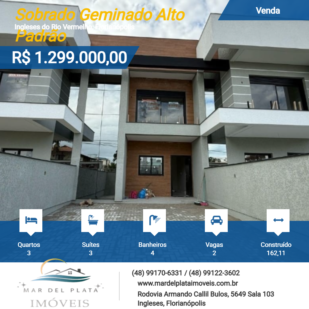 Sobrado Geminado Alto Padrão para Venda, em Florianópolis, bairro Ingleses do Rio Vermelho, 3 dormitórios, 4 banheiros, 3 suítes, 2 vagas