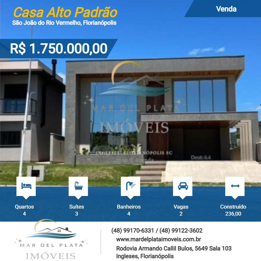 Casa Alto Padrão para Venda, em Florianópolis, bairro São João do Rio Vermelho, 4 dormitórios, 4 banheiros, 3 suítes, 2 vagas
