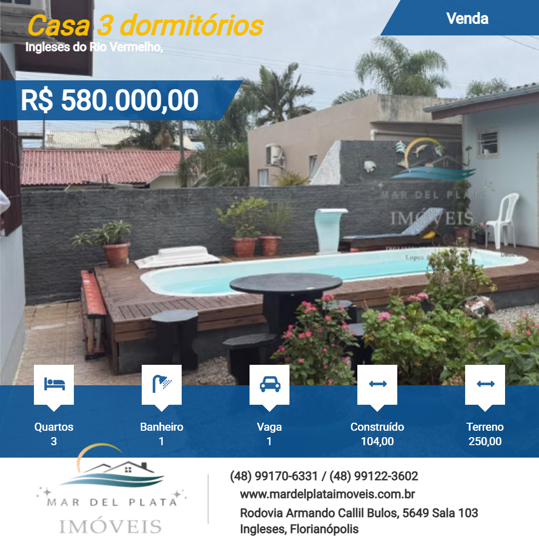 Casa 3 dormitórios para Venda, em , bairro Ingleses do Rio Vermelho, 3 dormitórios, 1 banheiro, 1 vaga