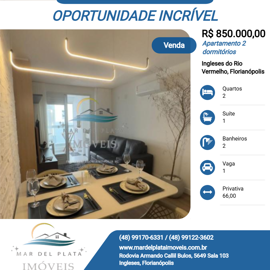 Apartamento 2 dormitórios para Venda, em Florianópolis, bairro Ingleses do Rio Vermelho, 2 dormitórios, 2 banheiros, 1 suíte, 1 vaga