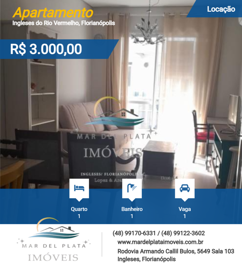 Apartamento para Locação, em Florianópolis, bairro Ingleses do Rio Vermelho, 1 dormitório, 1 banheiro, 1 vaga