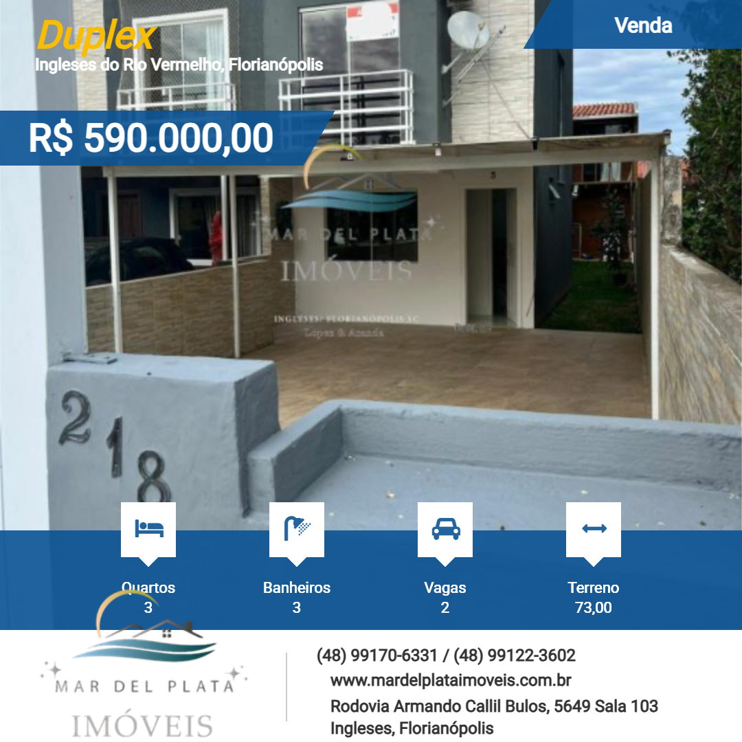Duplex para Venda, em Florianópolis, bairro Ingleses do Rio Vermelho, 3 dormitórios, 3 banheiros, 2 vagas