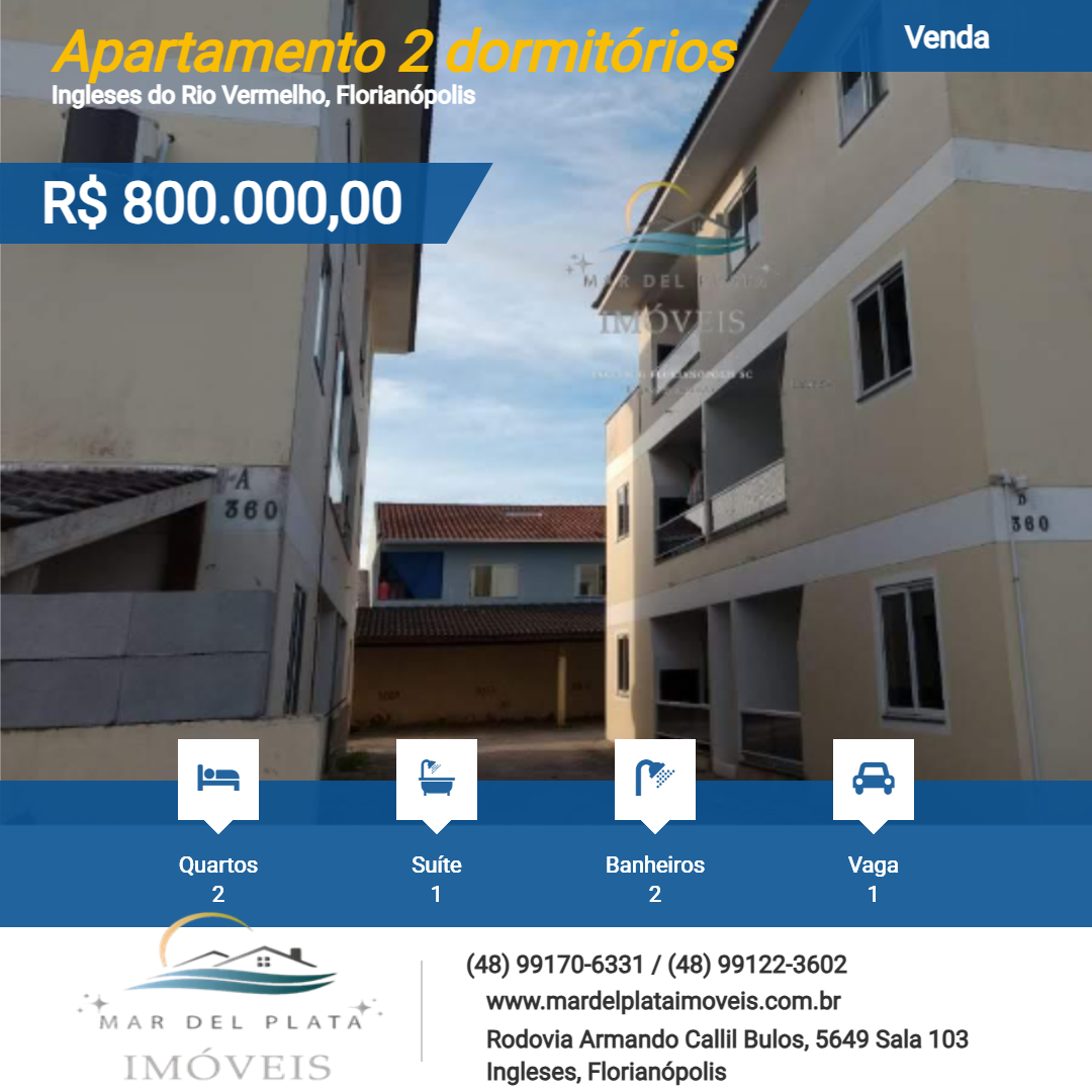 Apartamento 2 dormitórios para Venda, em Florianópolis, bairro Ingleses do Rio Vermelho, 2 dormitórios, 2 banheiros, 1 suíte, 1 vaga