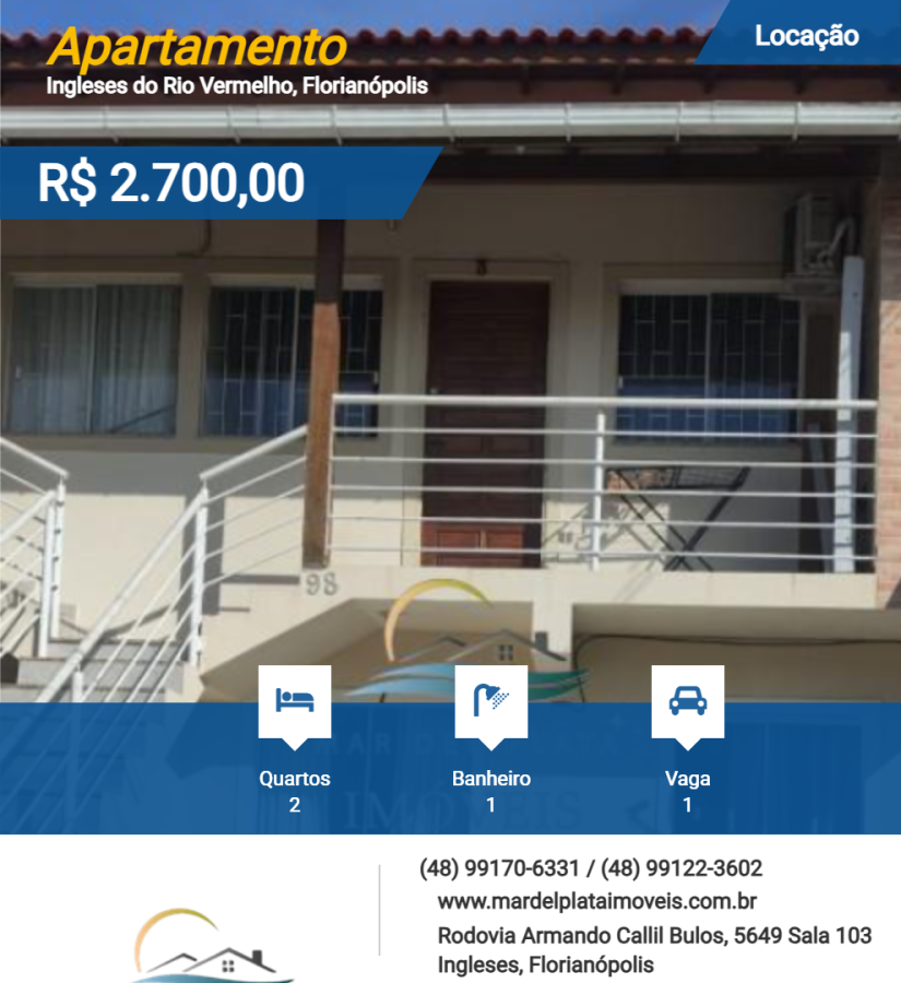 Apartamento para Locação, em Florianópolis, bairro Ingleses do Rio Vermelho, 2 dormitórios, 1 banheiro, 1 vaga